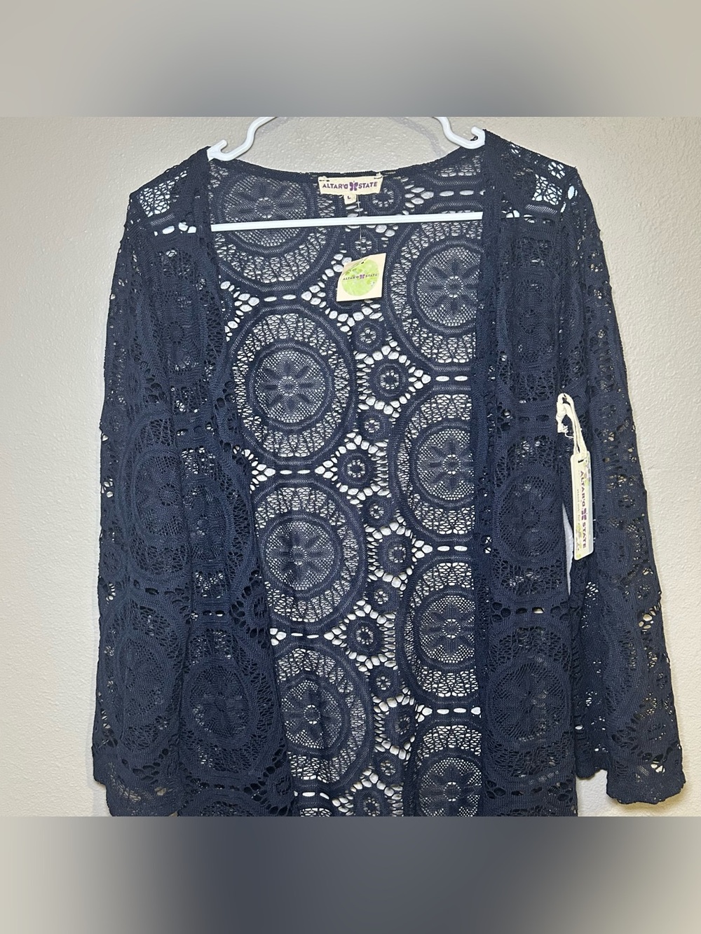 New Altar’d State Blue Crochet Knit Boho Kimono Cardigan Women’s Size Large - Picture 2 of 9